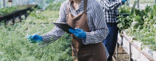 Futuristic businessman farms vegetables and crops using modern AI technology using mobile phones, temperature and humidity sensors, water tracking, climate control, holographic data data icons. photo