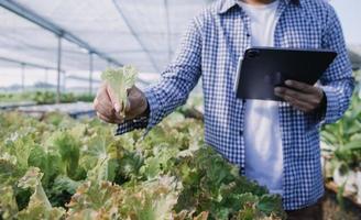 Futuristic businessman farms vegetables and crops using modern AI technology using mobile phones, temperature and humidity sensors, water tracking, climate control, holographic data data icons. photo