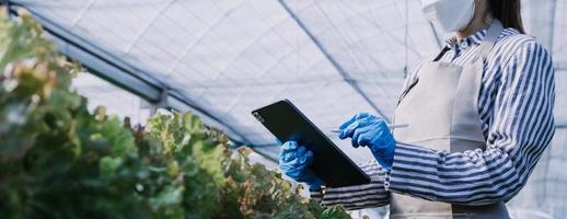 Futuristic businessman farms vegetables and crops using modern AI technology using mobile phones, temperature and humidity sensors, water tracking, climate control, holographic data data icons. photo