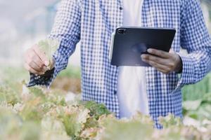 Futuristic businessman farms vegetables and crops using modern AI technology using mobile phones, temperature and humidity sensors, water tracking, climate control, holographic data data icons. photo