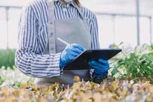 Futuristic businessman farms vegetables and crops using modern AI technology using mobile phones, temperature and humidity sensors, water tracking, climate control, holographic data data icons. photo