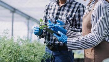 Futuristic businessman farms vegetables and crops using modern AI technology using mobile phones, temperature and humidity sensors, water tracking, climate control, holographic data data icons. photo