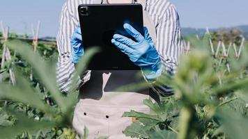 Futuristic businessman farms vegetables and crops using modern AI technology using mobile phones, temperature and humidity sensors, water tracking, climate control, holographic data data icons. photo