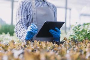 Futuristic businessman farms vegetables and crops using modern AI technology using mobile phones, temperature and humidity sensors, water tracking, climate control, holographic data data icons. photo