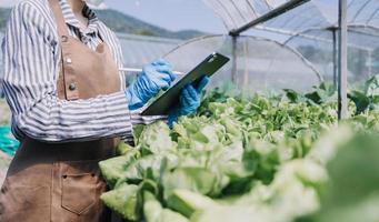 Futuristic businessman farms vegetables and crops using modern AI technology using mobile phones, temperature and humidity sensors, water tracking, climate control, holographic data data icons. photo