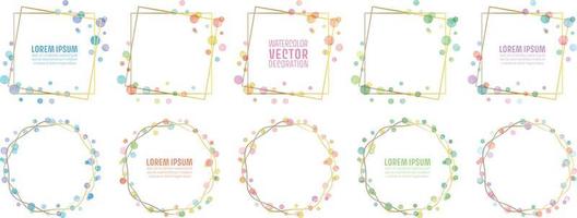 Vector gold line frames with colorful watercolor dots