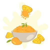 Mango sauce for nachos tortilla chips in the bowl in flat style. Perfect for tee, stickers, menu and poster. Isolated vector illustration for decor and design.