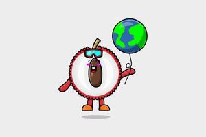 Cute cartoon Lychee floating with earth balloon vector