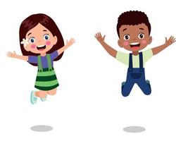 niños saltando. niños divertidos felices jugando y saltando en diferentes poses de acción educación pequeños personajes vectoriales de equipo. ilustración de niños y niños divertidos y sonrientes vector