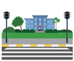 Cute school kids with backpacks waiting for stop sign at pedestrian traffic light to cross at pedestrian crossing on their way to school vector