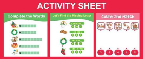 3 in 1 Activity Sheet for children. Educational printable worksheet for preschool. Complete the words, missing letter, count and match activity. Vector illustrations.