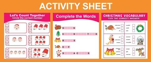 Hoja de actividades 3 en 1 para niños. vector