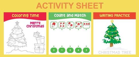 3 in 1 Activity Sheet for children. Educational printable worksheet for preschool. Coloring, count and match, and writing activity. Vector illustrations.