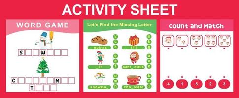 3 in 1 Activity Sheet for children. Educational printable worksheet for preschool. Complete the words, missing letter, count and match activity. Vector illustrations.