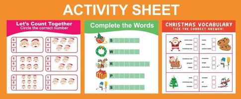 3 in 1 Activity Sheet for children. vector