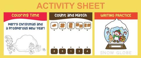 3 in 1 Activity Sheet for children. Educational printable worksheet for preschool. Coloring, count and match, and writing activity. Vector illustrations.