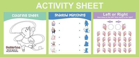 3 in 1 Activity Sheet for children. Educational printable worksheet for preschool. Coloring, shadow matching, left or right activity. Vector illustrations.