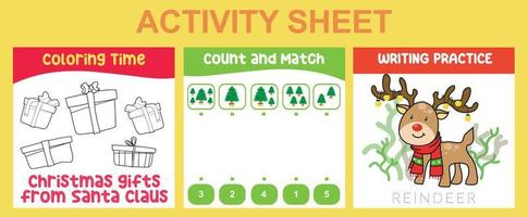 3 in 1 Activity Sheet for children. Educational printable worksheet for preschool. Coloring, count and match, and writing activity. Vector illustrations.