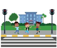 Cute school kids with backpacks waiting for stop sign at pedestrian traffic light to cross at pedestrian crossing on their way to school vector