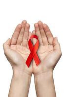 red ribbon for WORLD AIDS symbol held on white background isolated photo