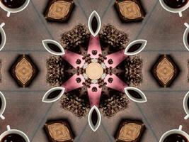 Abstract kaleidoscope background. Beautiful multicolor kaleidoscope texture. Unique kaleidoscope design. with a light brown base color and added a little pink photo
