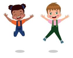 Jumping kids. Happy funny children playing and jumping in different action poses education little team vector characters. Illustration of kids and children fun and smile