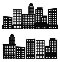 A flat black skyscraper and low-rise building silhouette set of vector illustrations of city buildings in silhouettes under various constructions are used on a white background