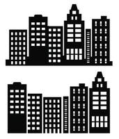 City buildings silhouette different construction vector set illustrations isolated on white background. Black in flat silhouettes of skyscrapers and low-rise buildings. Architectural constructions set