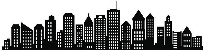 A vector landscape of buildings silhouetted on white background. A black outlines of low rise and high-rise complexes and skyscrapers. Structural constructions placed urban objects