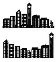 On a white background, a vector set of illustrations of city buildings in silhouettes under various constructions. Skyscraper and low-rise building silhouettes in flat black. Set up architectural