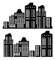 On a white background, a vector flat set of illustrations of architecture city buildings in silhouettes under various constructions