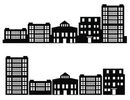 On a white background, a vector flat set of illustrations of architecture city buildings in silhouettes under various constructions