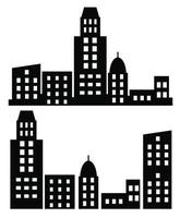 City buildings silhouette different construction vector set illustrations isolated on white background. Black in flat silhouettes of skyscrapers and low-rise buildings. Architectural constructions set