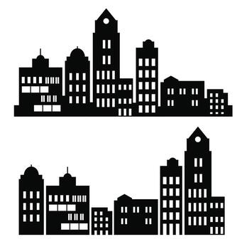 sobre un fondo blanco, un conjunto plano vectorial de ilustraciones de edificios arquitectónicos de la ciudad en siluetas bajo varias construcciones vector