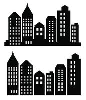 A flat black skyscraper and low-rise building silhouette set of vector illustrations of city buildings in silhouettes