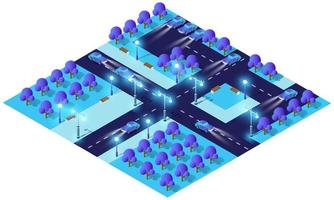 City future smart urban Isometric night lights architecture 3D illustration technology town street with a lot of building houses vector