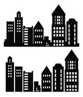 un rascacielos negro plano y un conjunto de siluetas de edificios de poca altura de ilustraciones vectoriales de edificios de la ciudad en siluetas vector