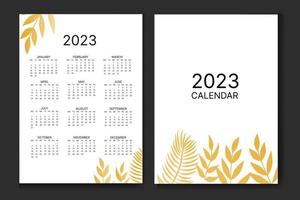 calendario mensual clásico para 2023. calendario con hojas de palma, color blanco y dorado. vector