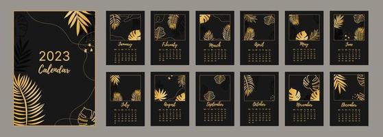 classic monthly calendar for 2023. Calendar with palm and monstera leaves, black and gold color. vector