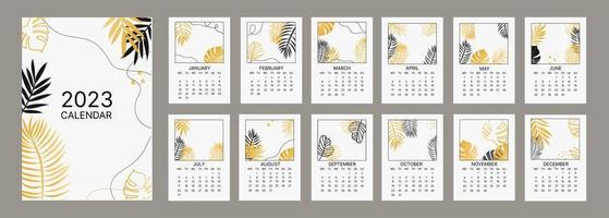 classic monthly calendar for 2023. Calendar with palm and monstera leaves, white and gold color. vector