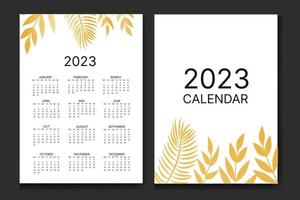 classic monthly calendar for 2023. Calendar with palm leaves, white and gold color. vector