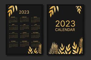 classic monthly calendar for 2023. Calendar with palm leaves, black and gold color. vector