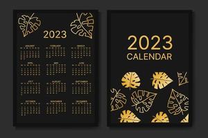 classic monthly calendar for 2023. Calendar with monstera leaves, black and gold color. vector