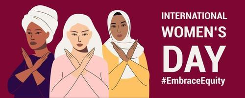 la mujer internacional es el día. abrazar la equidad mujeres en liderazgo, empoderamiento de la mujer, conceptos de igualdad de género. multitud de mujeres de diversas edades, razas y ocupaciones. banner horizontal vectorial. vector