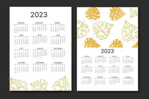 calendario mensual clásico para 2023. calendario con hojas de monstera, color blanco y dorado. vector