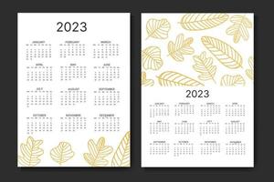 classic monthly calendar for 2023. Calendar with palm leaves, white and gold color. vector