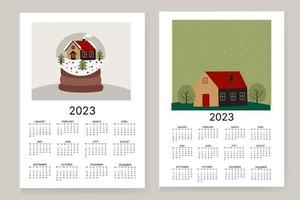 Vector illustration of the calendar year 2023. The week starts on Sunday. Featuring a landscape of a house with trees and a toy globe with a house inside. Vector.