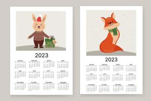 Vector illustration of the calendar year 2023. The week starts on Sunday. With a picture of a rabbit, hare and fox.