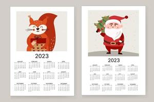 Vector illustration of the calendar year 2023. The week starts on Sunday. With a picture of a squirrels and santa claus