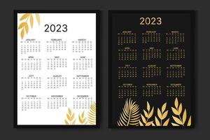 calendario mensual clásico para 2023. calendario con hojas de palma, color negro y dorado. vector